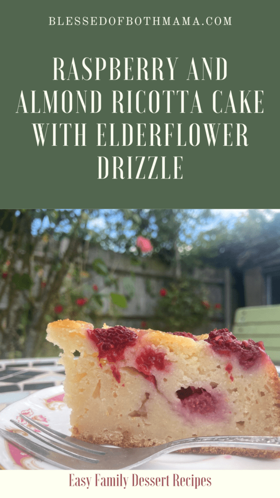 Recipe for Homemade Raspberry and Almond Ricotta Cake with Elderflower Drizzle.